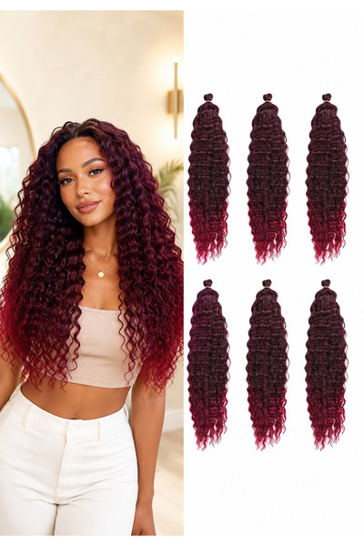 Makromehome Made With Love Afro Örgü Saç Burgonya Kızıl Ombre Dalgalı Senteti...