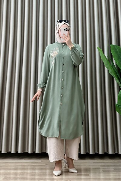 ALYA Tunic Viscose Fabric Women's Mint Green Openable Buttoned Collar Embroid...