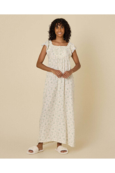 REDTAG Women Ivory Printed Short Sleeve Ruffle Nightgown