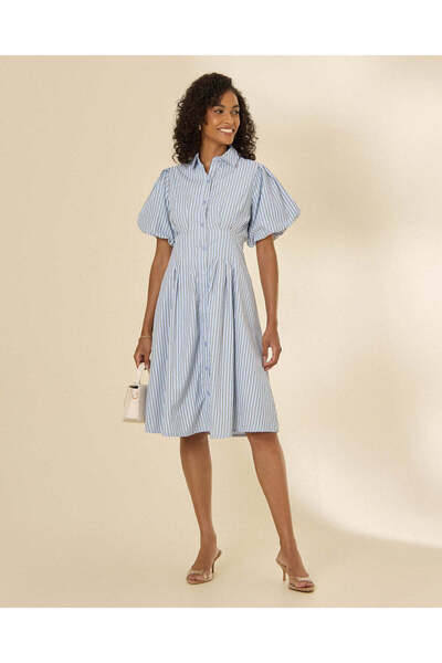 REDTAG Women Sky Blue Striped Midi Shirt Dress