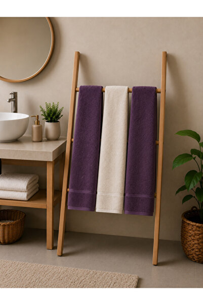 İQON 3-Pack 100% Cotton Bath Towels Purple- Ecru- Purple (70X120 cm)
