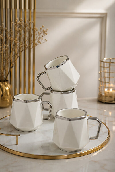 YzHome Porcelain Mug with Metal Stand for 4 People, Gilded, 220ml