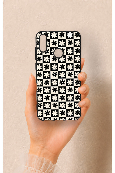 Vip Case Huawei Y7 2019 Uyumlu Çiçek Motifli Dama Desenli Silikon Kılıf