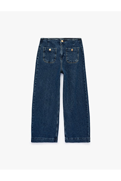Koton Pamuklu Cep Detaylı Düğmeli Geniş Kısa Paça Denim Pantolon - Culotte Jeans