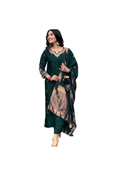 MYSMAR Green Silk Blend Unstitched Suit Set with Woven Dupatta - TRT1218 | Gr...