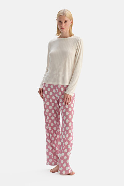 Dagi Ecru Buttoned Long Sleeve Pointel T-Shirt Polka Dot Patterned Trouser Set