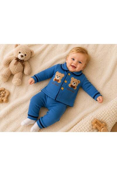 Movamirbaby Erkek Bebek Yumuşak Dokulu 2’li Pijama Takımı Ayıcık Nakışlı %100...