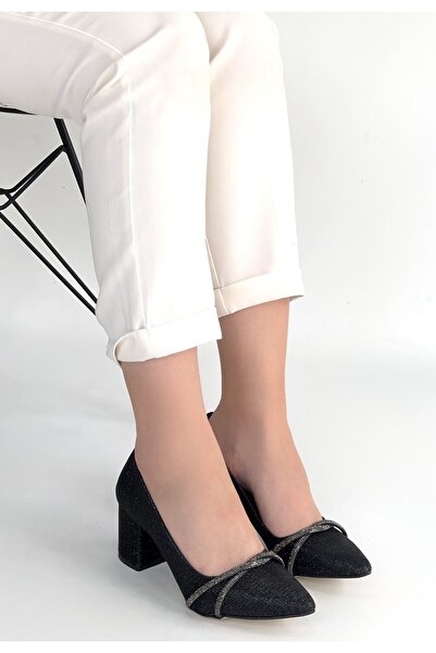 ALFA AKSESUAR 03 Rewin Black Glittery Leather Heeled Shoes