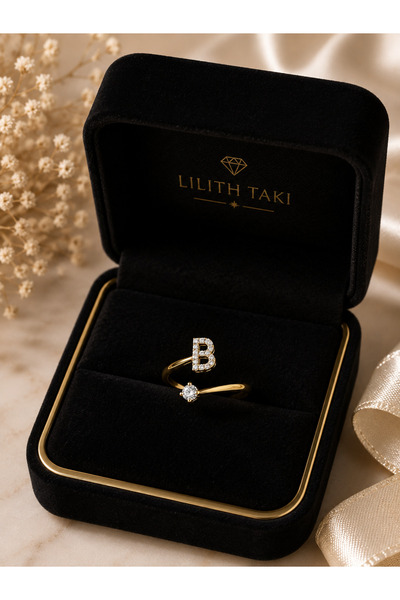Lilith Takı Adjustable Gold Color Zircon Stone Ring with Letter B |   Minimal...