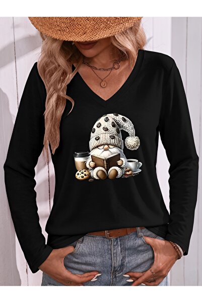 Deocept Black Printed Cotton V-Neck Long Sleeve Blouse