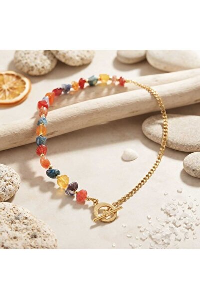 MITH SB TAKI Colorful Agate Natural Stone Necklace |   Stainless Steel Chain ...