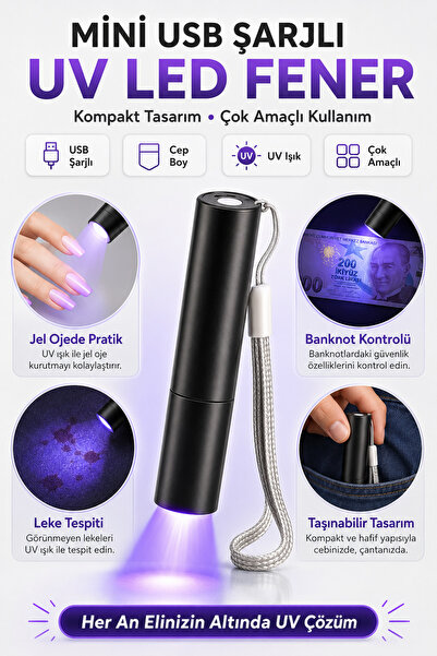 ALL FAST Mini USB Şarjlı UV LED Cep Feneri Oje Kurutucu ve Banknot Kontrol La...