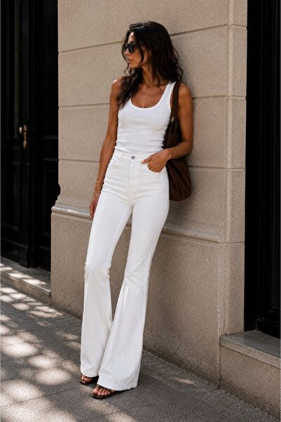 soBasic Pantaloni de damă din denim elastic, cu talie înaltă, evazați