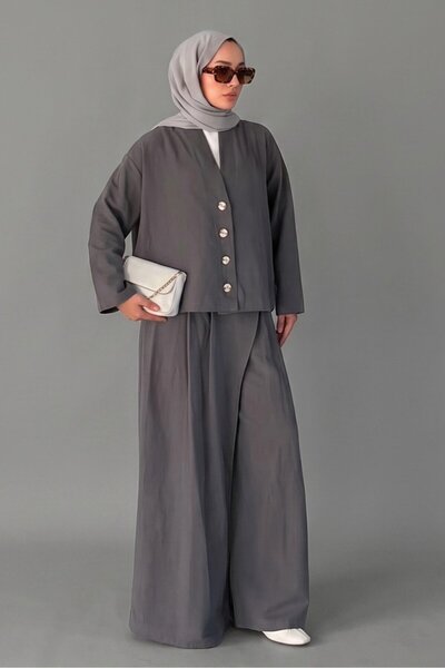 Norshen Double-Breasted Cut-Button Blouse & Skirt Look Wide-Leg Trousers - Li...