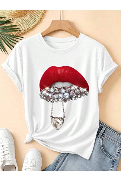 23ERVA Red Lips Rhinestone Graphic Glam T-Shirt, Sparkly Lip Print Shirt, Wom...