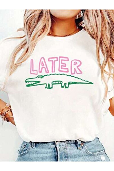 9TAY تي شيرت نسائي مضحك بطبعة تمساح "Later Gator" بتصميم ساخر، أبيض اللون وخف...