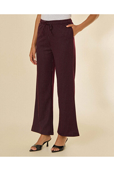 REDTAG Women Burgundy Striped Wide Leg Trousers
