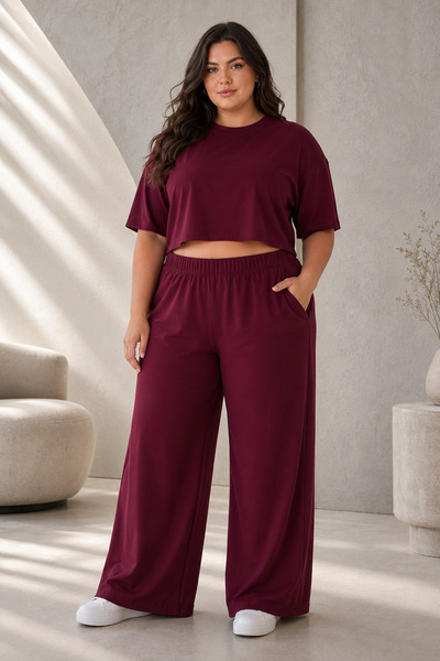 ZEMLİYA Women's Burgundy Crop T-Shirt and High Waist Wide Leg Pants Two-Piece...