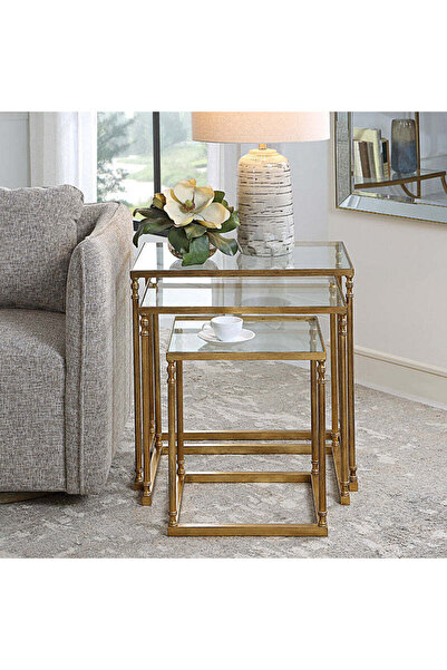 UTTERMOST Henzler 62 W x 46 H x 63 D Gold Nesting Nesting Table with Mirror Top