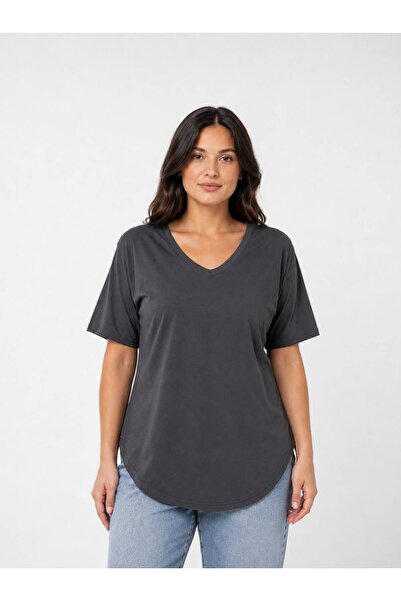 Trendbade Butik Women's Gray V-Neck Slit T-shirt