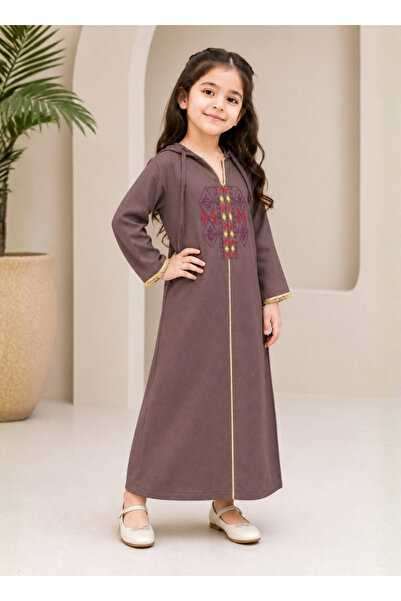 Generic Girls Mauve Hooded Embroidered Jalabiya Long Sleeve Casual Abaya Dress