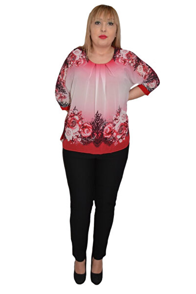 OEM Bluza de ocazie din material tip voal ,rosu cu imprimeu floral