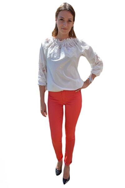 OEM Pantalon comod din material elastic, rosu, cu model de buline