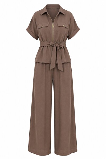 Laluvia Brown Zippered Belted Double Suit - 7222