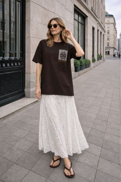 Moda Days Tricou de damă, maro, cu franjuri, cu buzunar, imprimat, cu decolte...