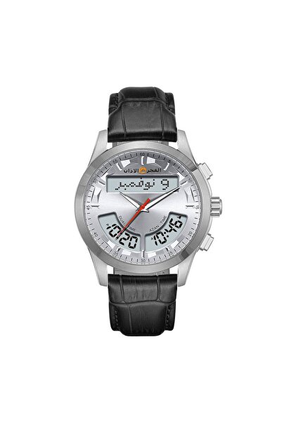 ALFAJR ALAZAN Al-Fajr Azan Watch Black Leather Dual Time Silver with White Cr...