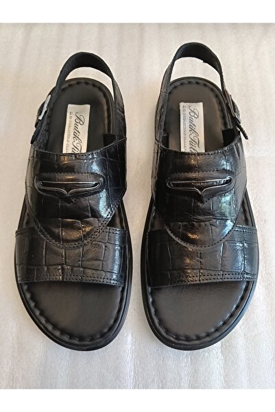 Butik Tülin صندل للجنسين من جلد البقر الأصلي بطبعة جلد التمساح الأسود مع حزام...