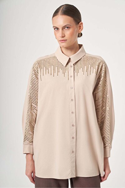 FTZ WOMEN Kadın Omuz Taşlı Gömlek Beige 31434