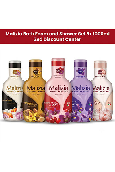 Malizia Spumă de baie și Gel de duș 5x 1000ml - Orhidee și Ambră + Argan și V...