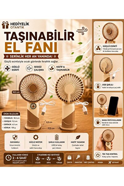 Taşınabilir Şarjlı El Ve Masa Üstü Mini Fan Vantilatör - Kahverengi / Bej Model