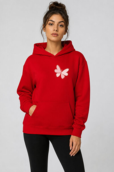 herkesemoda Butterfly Printed Hooded 2 Thread Threaded Sweatshirt