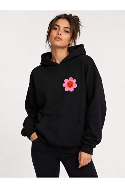 herkesemoda Emoji Flower Printed Hooded 2 Thread Threaded Sweatshirt
