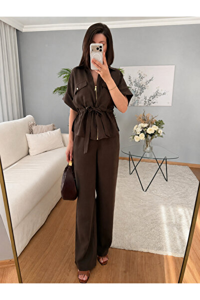 My Blog طقم بني مزدوج بحزام وسحاب - 2y7222
