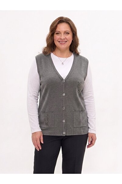 onno style women Pocket Stone-Embellished Steel Knit Classic Tricot Vest