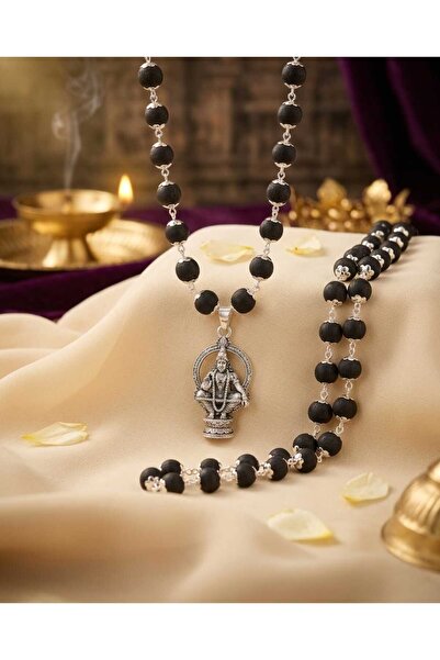 Generic Original 7MM German Silver Cap Karungali Mala with lord Ayyappa Penda...
