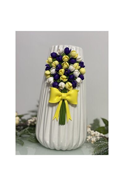 OEM Vază ceramică decorată manual cu un buchet de flori mov, albe și galbene – 25 cm - Zeny Dolls Gifts - Cadou personalizat