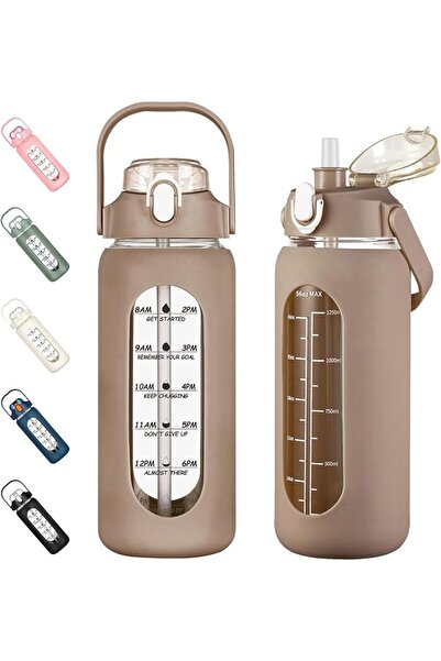 GENERAL 1.6L Glass Water Bottles with Straw, Motivational Glass Bottle with S...