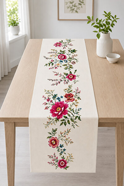 Bebişim Halı Burgundy Pink Wildflower Patterned Country Runner Tablecloth 40X...