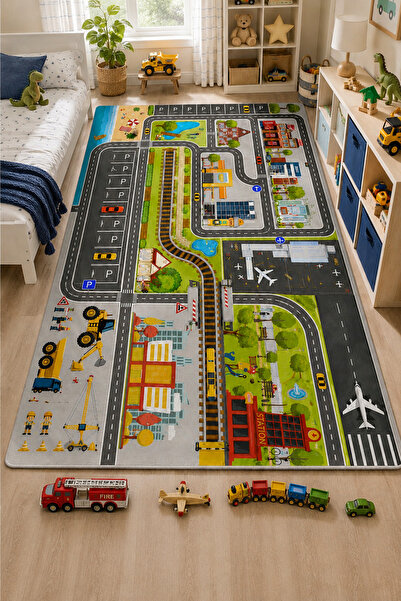 DECOVİST HOME Yıkanabilir, Kaymaz Tabanlı ve Leke Tutmaz Araba Yolu Desenli Ç...