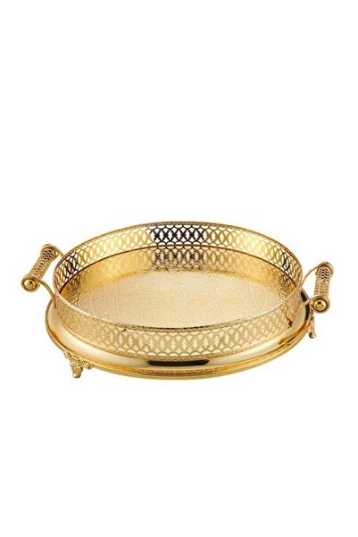 Trust Round Decorative Stainless Steel Serving Tray With Handles & Legs, Gold...