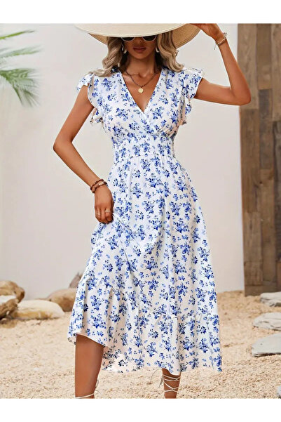 JANES Women's Short Sleeve Double Breasted Collared Elastic Waist Floral Prin...