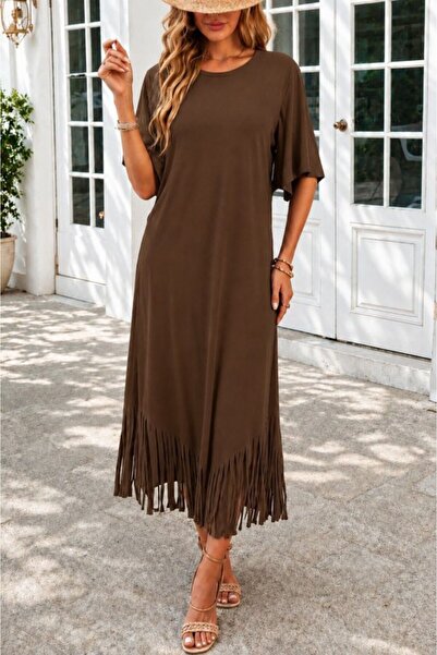 oniks store Women's Short Sleeve Crew Neck Tassel Zigzag Patterned Midi Visco...