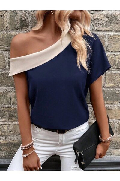 Simala Women's One-Shoulder Asymmetrical Collar Detailed Double Color Importe...