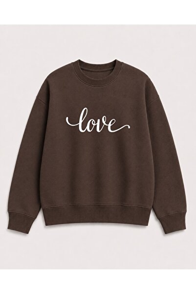 herkesemoda Love Text Print Detailed Embroidered 2 Thread Crew Neck Sweatshirt
