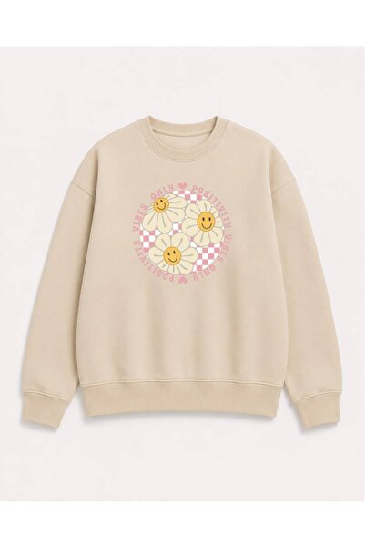 herkesemoda Smiling Faces Emoji Printed 2 Thread Threaded Crew Neck Sweatshirt