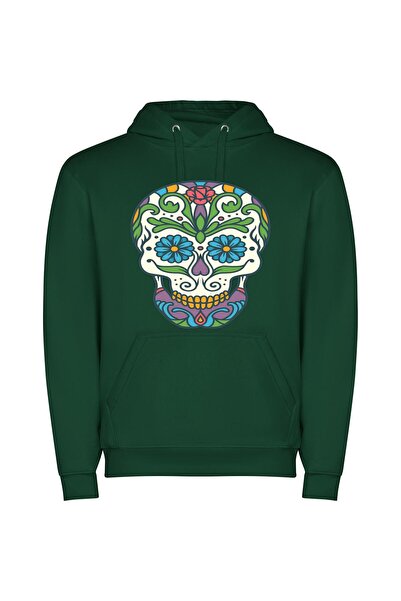 iLovePrints Colorful Dia De Muertos Φούτερ με κουκούλα σε χρώμα Πράσινο